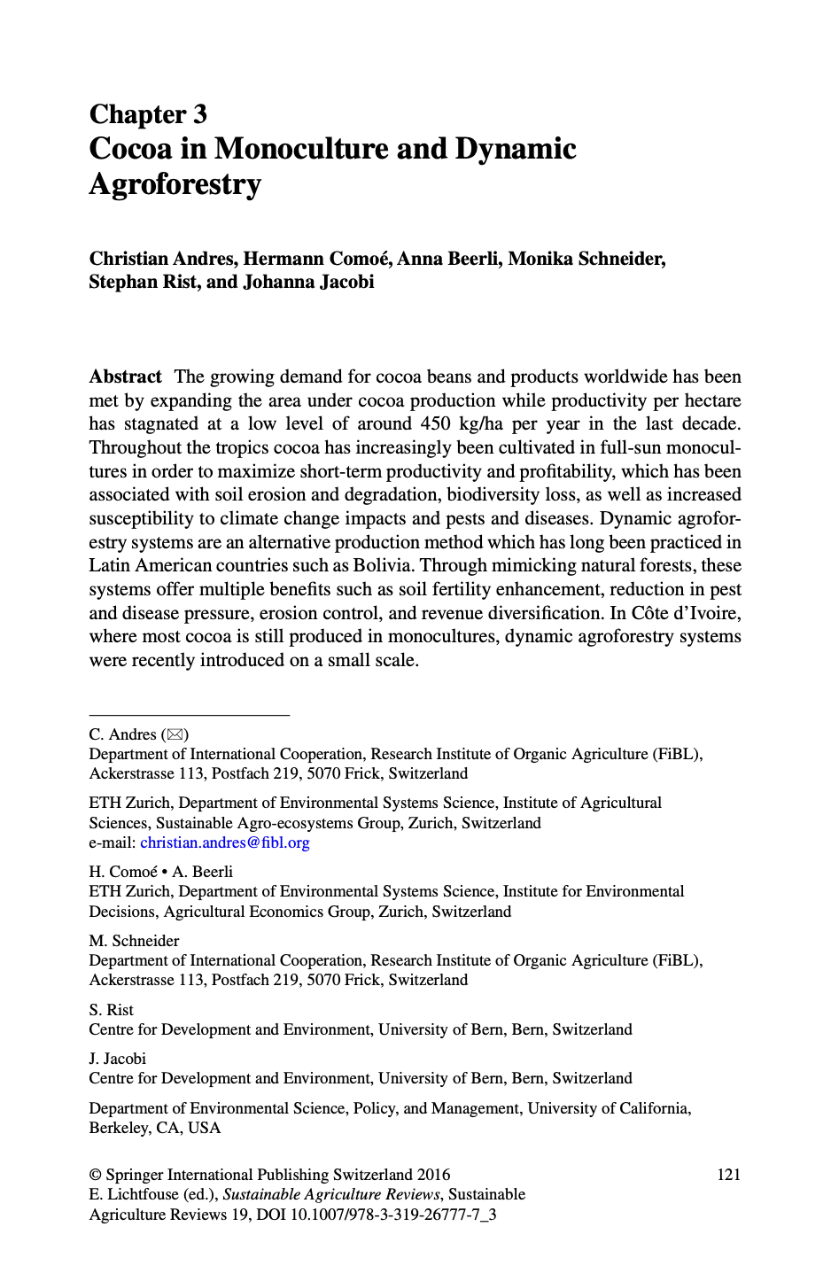 "Carbon stocks, tree diversity, and the role of organic certification in different cocoa production systems in Alto Beni, Bolivia"