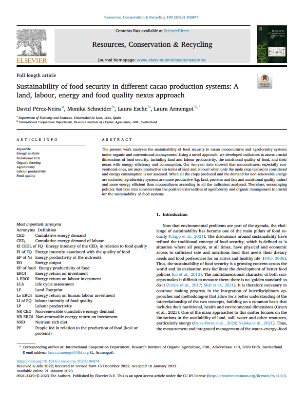 Sustainability of food security in different cacao production systems: A land, labour, energy and food quality nexus approach