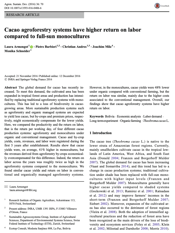Cacao agroforestry systems have higher return on labor compared to full-sun monocultures