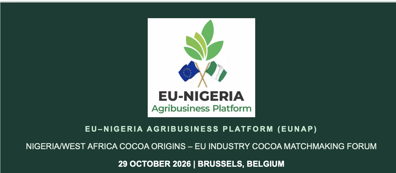 EU-Nigeria Agribusiness Platform logo with the title of the Nigeria/West Africa Cocoa Origins – EU Industry Cocoa Matchmaking Forum, 29 October 2026, Brussels